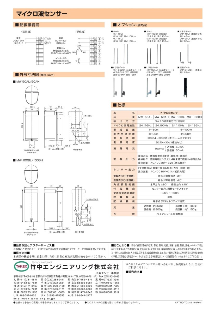 MW-50AH マイクロ波センサー  TAKEX 竹中エンジニアリング TAKEX 竹中エンジニアリング セキュリティストア 【Security Store】