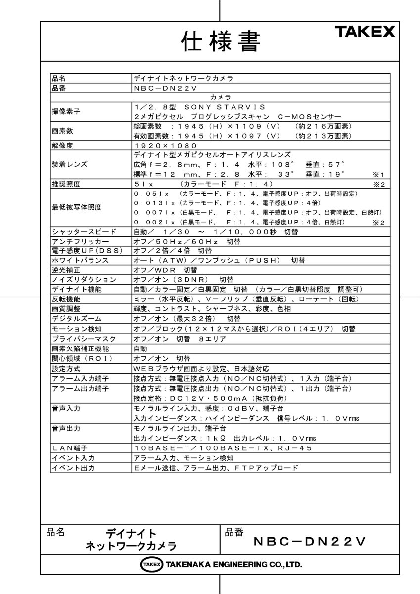 NBC-DN22V デイナイトネットワークカメラ TAKEX 竹中エンジニアリング TAKEX 竹中エンジニアリング セキュリティストア 【Security Store】