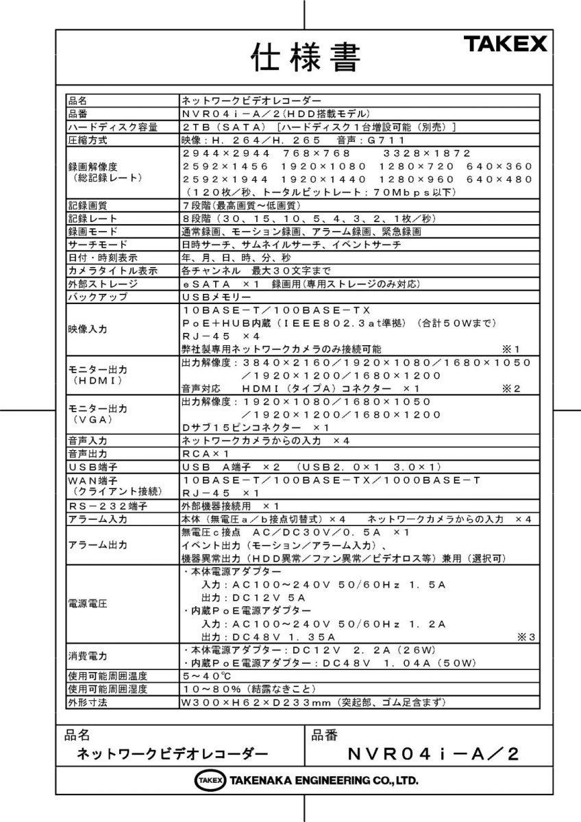 NVR04i-A/2 ネットワークビデオレコーダー TAKEX 竹中エンジニアリング TAKEX 竹中エンジニアリング セキュリティストア 【Security Store】