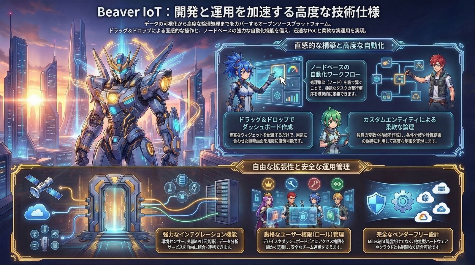 Beaver IoTの概念図。プログラミング知識を問わず、直感的なダッシュボード構築と自動化ワークフローを実現するオープンソースプラットフォームのインフォグラフィック。