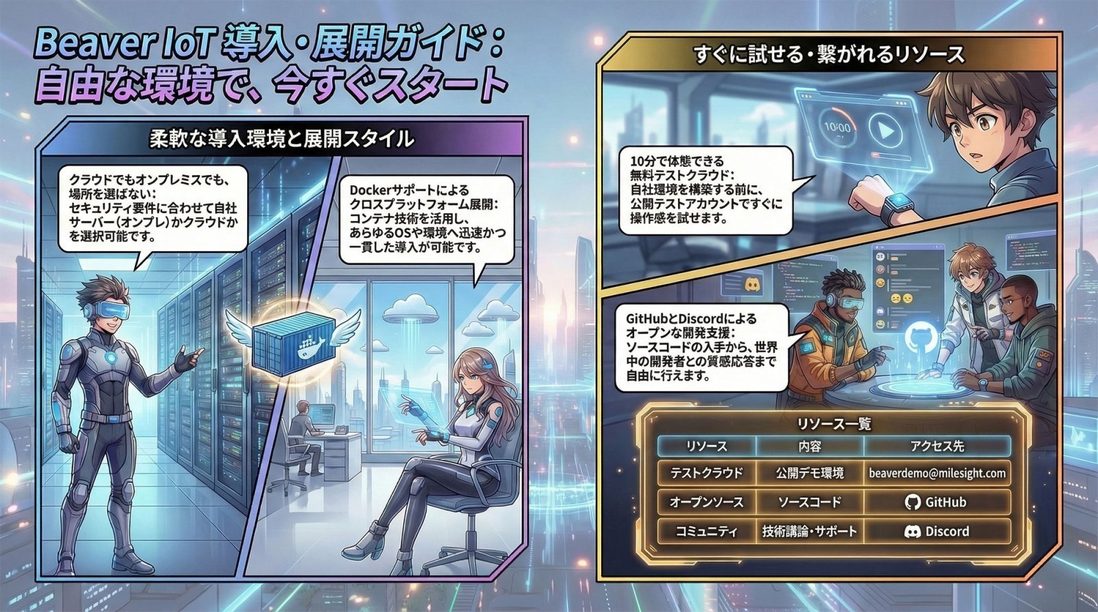 Beaver IoTの概念図。プログラミング知識を問わず、直感的なダッシュボード構築と自動化ワークフローを実現するオープンソースプラットフォームのインフォグラフィック。