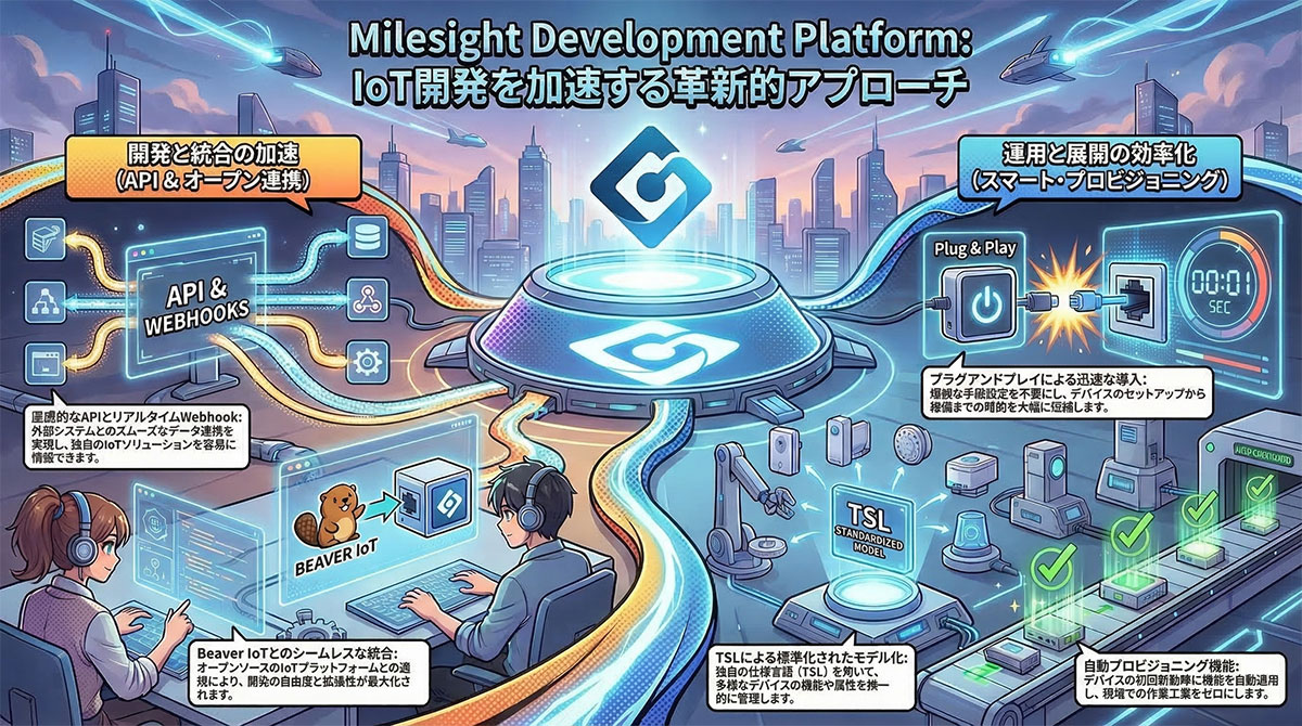 Milesight Development Platformの概念図。デバイスからプラットフォーム、そしてカスタムアプリケーションへとシームレスにデータが連携される様子を示すインフォグラフィック。
