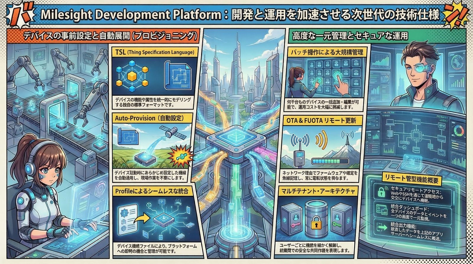 Milesight Development Platformの概念図。デバイスからプラットフォーム、そしてカスタムアプリケーションへとシームレスにデータが連携される様子を示すインフォグラフィック。