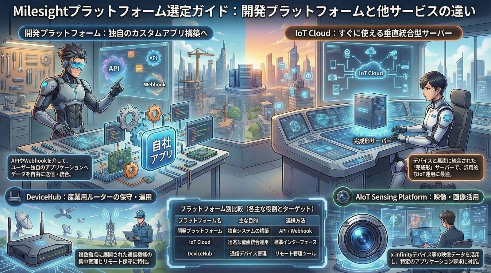 Milesight Development Platformの概念図。デバイスからプラットフォーム、そしてカスタムアプリケーションへとシームレスにデータが連携される様子を示すインフォグラフィック。