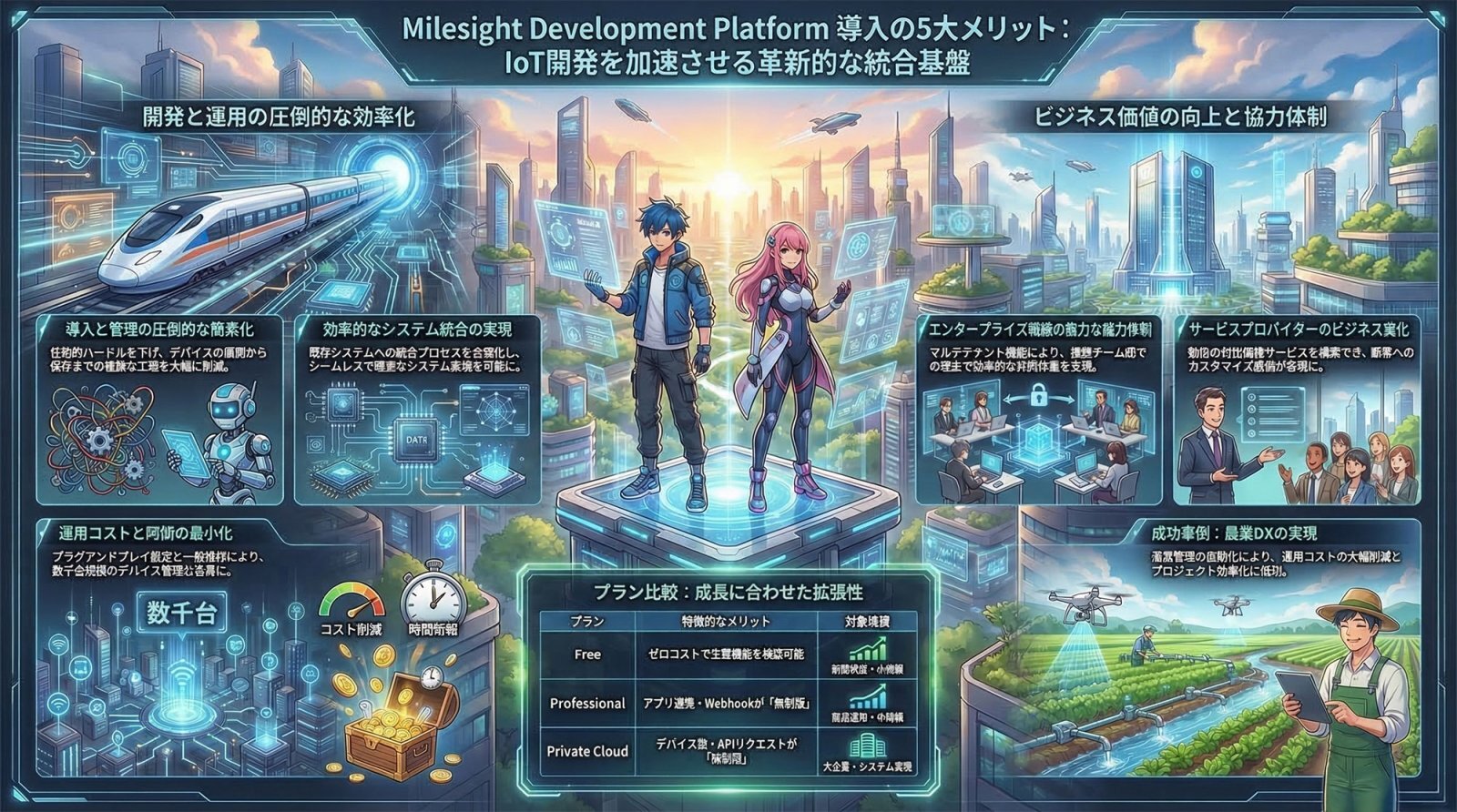 Milesight Development Platformの概念図。デバイスからプラットフォーム、そしてカスタムアプリケーションへとシームレスにデータが連携される様子を示すインフォグラフィック。
