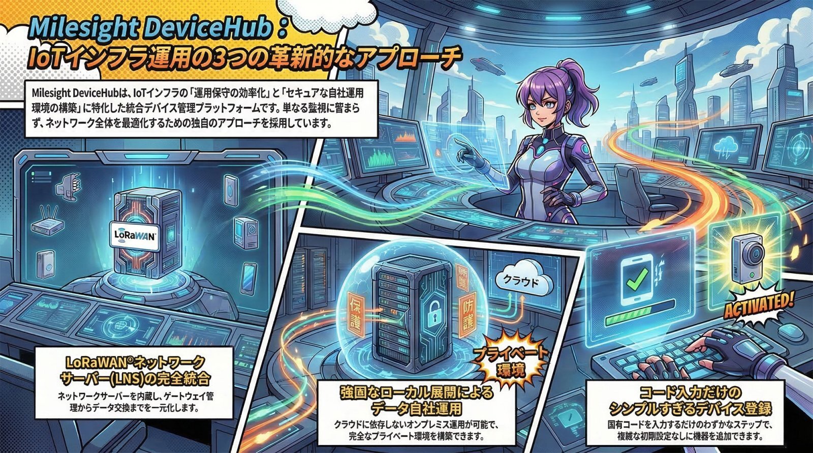 Milesight DeviceHubの概念図。複数のLoRaWANデバイスやルーターを遠隔から一元管理・監視する統合プラットフォームのインフォグラフィック。