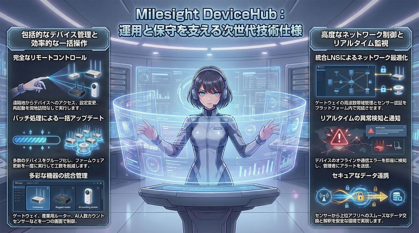 Milesight DeviceHubの概念図。複数のLoRaWANデバイスやルーターを遠隔から一元管理・監視する統合プラットフォームのインフォグラフィック。
