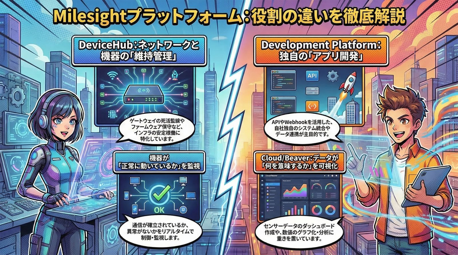 Milesight DeviceHubの概念図。複数のLoRaWANデバイスやルーターを遠隔から一元管理・監視する統合プラットフォームのインフォグラフィック。