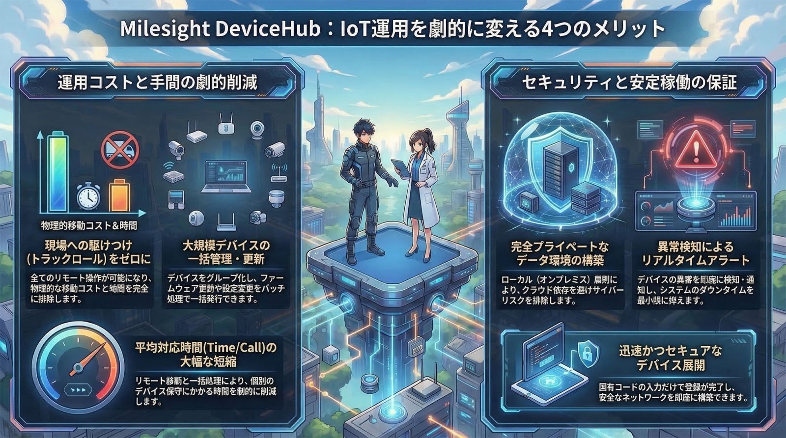 Milesight DeviceHubの概念図。複数のLoRaWANデバイスやルーターを遠隔から一元管理・監視する統合プラットフォームのインフォグラフィック。