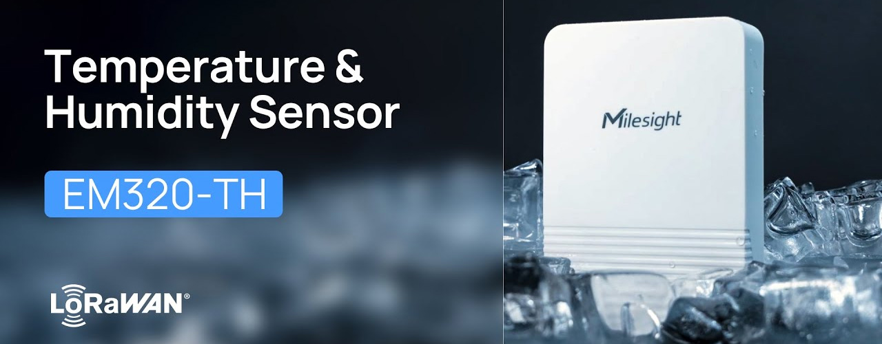 Milesight EM320-TH 温湿度センサーの製品画像。清潔感のあるホワイトカラーのコンパクトな筐体で、IP67防水仕様を示す水滴のイメージと、食品グレード素材であることを強調するグラフィック。冷凍庫内や食品保管施設に最適なワイヤレスIoTデバイスの外観。