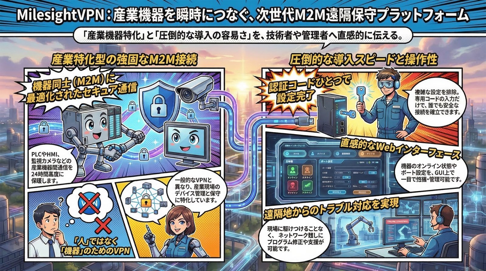 MilesightVPNの概念図。インターネットを経由して遠隔地のIoTデバイスや産業機器と安全なM2M接続を構築する様子を示すインフォグラフィック。