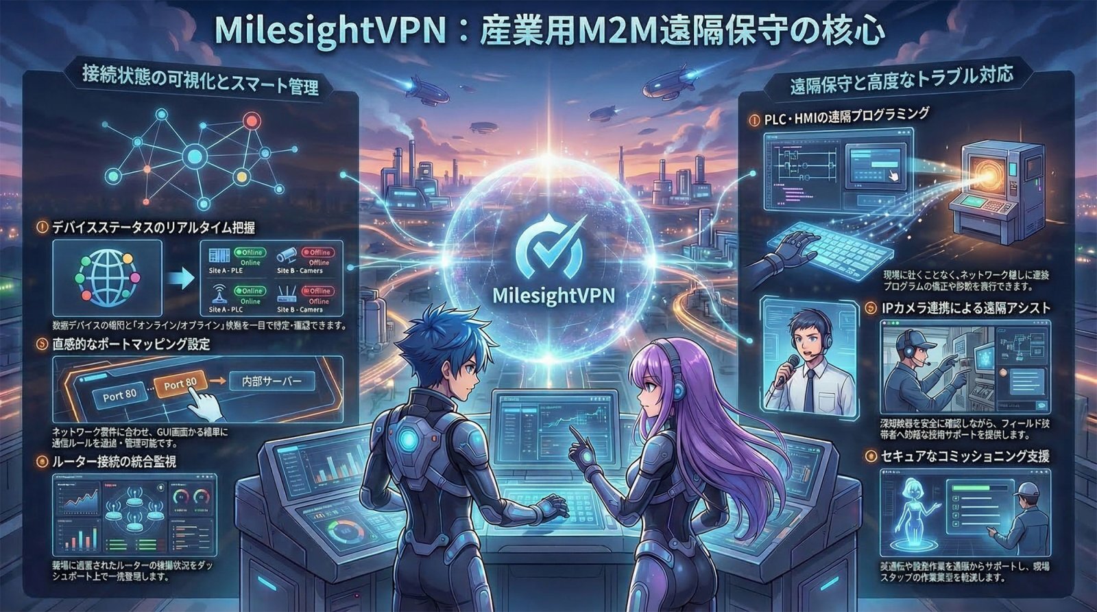 MilesightVPNの概念図。インターネットを経由して遠隔地のIoTデバイスや産業機器と安全なM2M接続を構築する様子を示すインフォグラフィック。