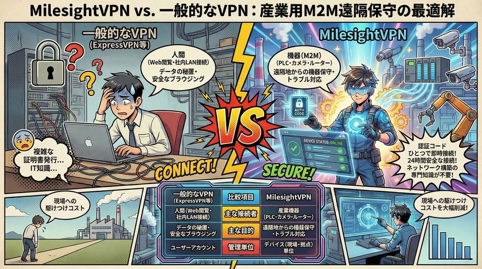 MilesightVPNの概念図。インターネットを経由して遠隔地のIoTデバイスや産業機器と安全なM2M接続を構築する様子を示すインフォグラフィック。