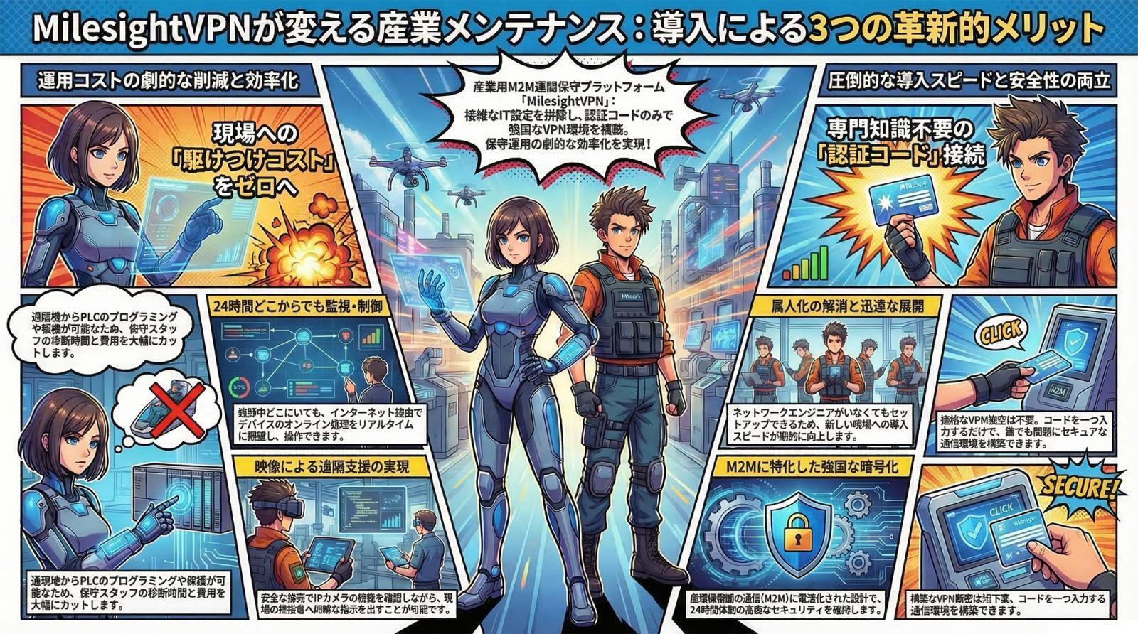 MilesightVPNの概念図。インターネットを経由して遠隔地のIoTデバイスや産業機器と安全なM2M接続を構築する様子を示すインフォグラフィック。