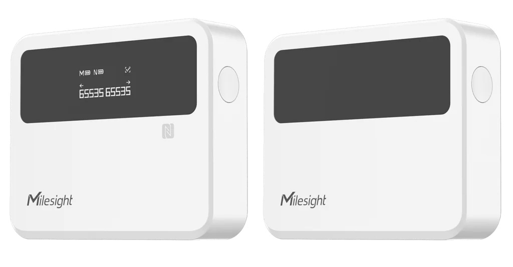 Milesight VS360 赤外線遮断式人数カウンタ。店舗の入り口の左右に対向して設置されたマスター機とノード機。目に見えない赤外線リボンを人が横切ることで、顔や個人情報を一切取得せずに正確な通行人数をカウントする設置イメージ。