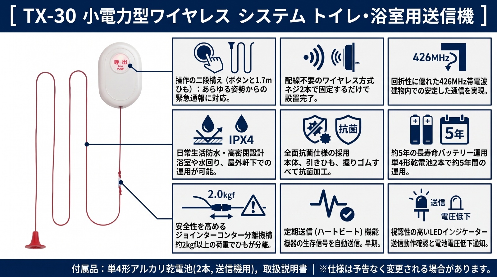 TX-30 小電力型ワイヤレスシステム トイレ・浴室用送信機