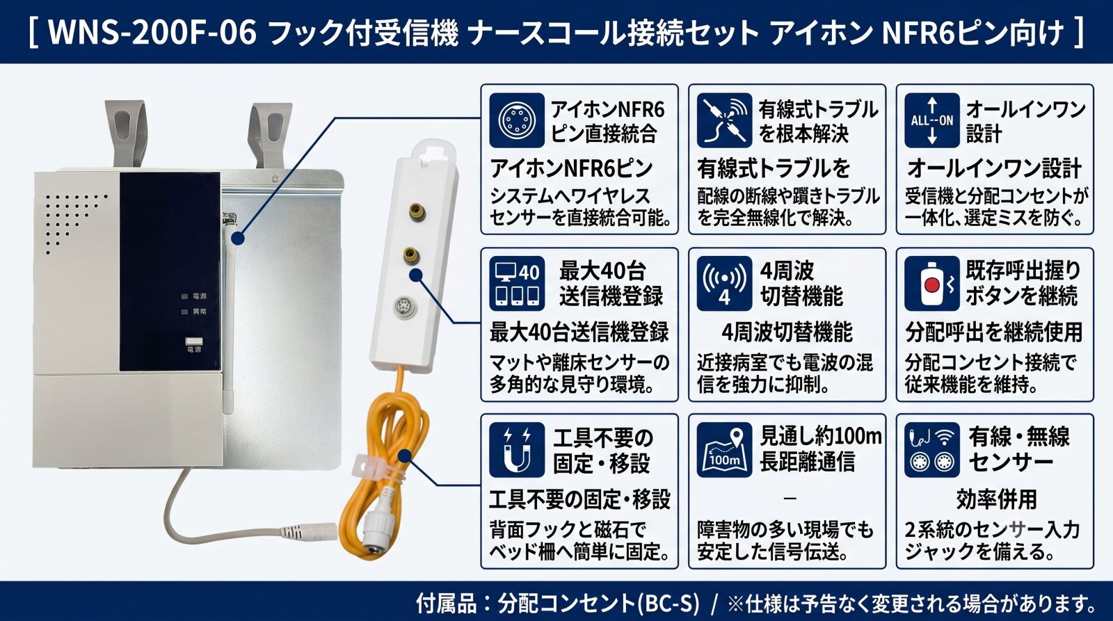 WNS-200F-06 フック付受信機 ナースコール接続セット