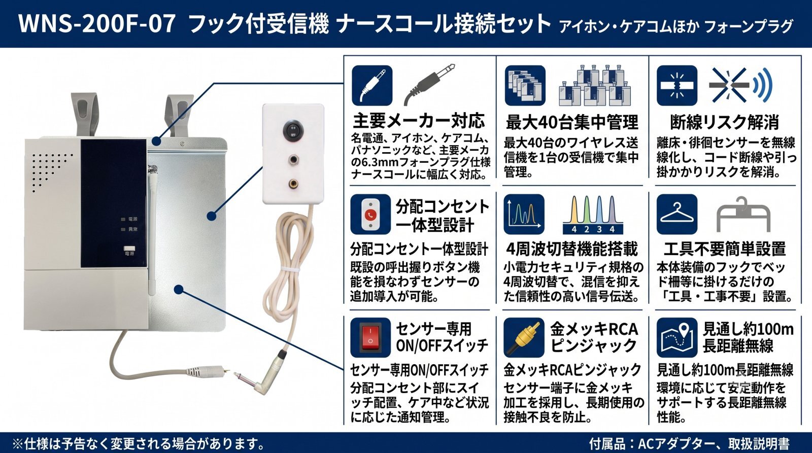 WNS-200F-07 フック付受信機 ナースコール接続セット