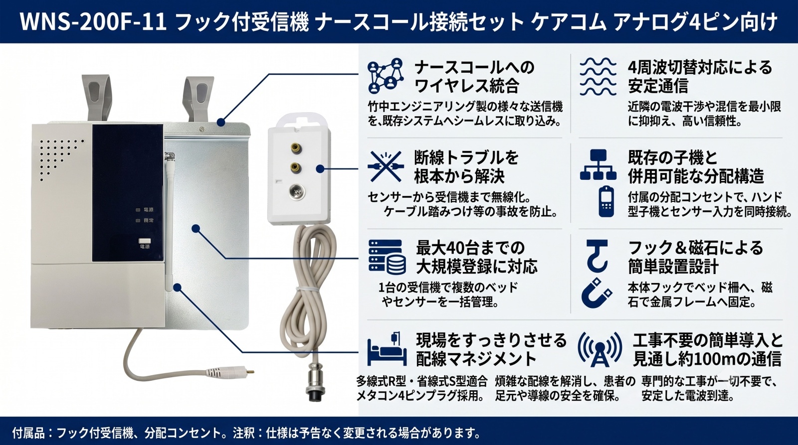 WNS-200F-11 フック付受信機 ナースコール接続セット