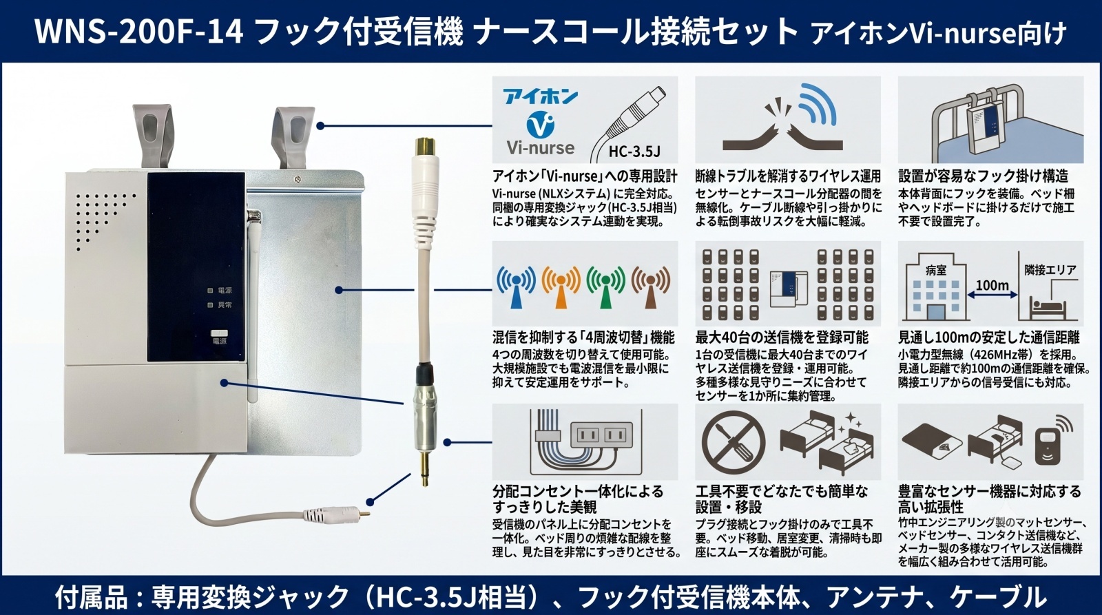 WNS-200F-14 フック付受信機 ナースコール接続セット